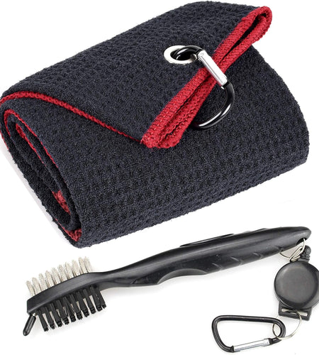 Microfiber Waffle Pattern Tri-Fold Golf Towel | Brush Tool Kit with Club Groove Cleaner, Retractable Extension Cord and Clip